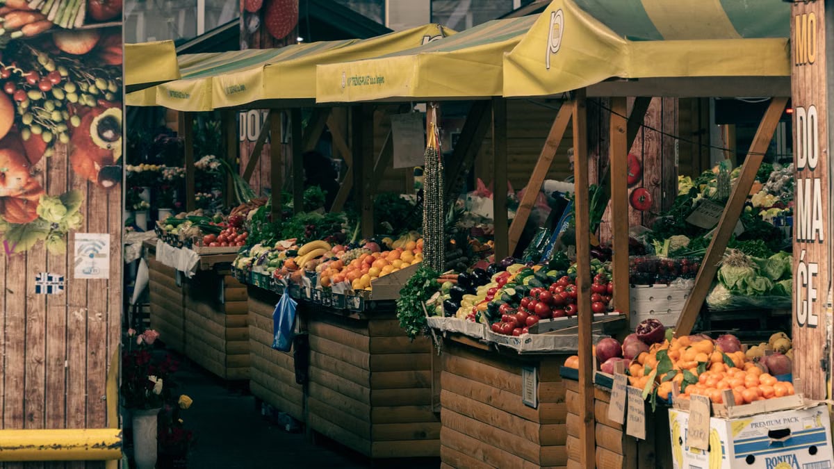 Colorful display of fruits and vegetables at a street market in Sarajevo, Bosnia.